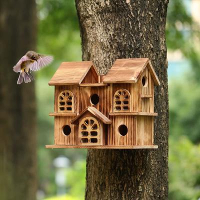 China Handmade Wooden Hanging Birdhouse Hamster Nest for Garden Backyard Printing burned for sale