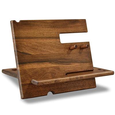 China Handmade Natural Walnut Wood Phone Docking Station Key Hooks Holder Wallet Stand Watch Organizer for sale