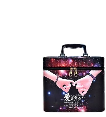 China Custom Travel Cosmetic Holographic Beauty Box Vintage Fabric Cosmetic Box Two Layers Nylon With Mirror for sale