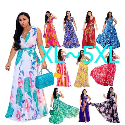 China Summer Sexy V-Neck Anti-Static High-end Fabric Chiffon Floral Printing Stitching Big Plus Size Bohemian Women Casual Long Dresses for sale