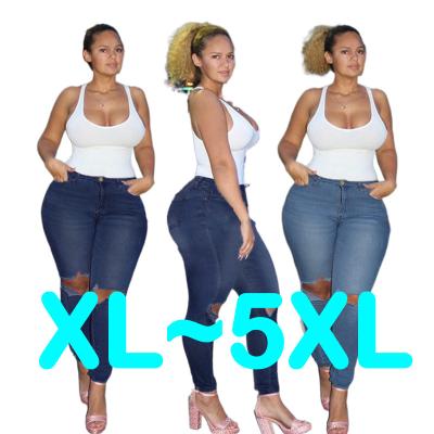 China Wholesale Classic Breathable Ripped Stretch Blue Jeans USA Sizes XL-7XL For Fat Women Plus Size Pants And Jeans For Ladies for sale