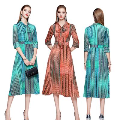 China 2021 Summer Fashion Mix Order Wholesale Anti-static Tie Neck A Line Long Medium Soft Women's Slim Waist Print Chiffon Dress for sale