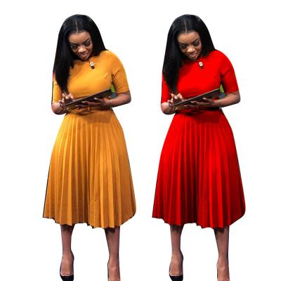 China African Fashion Solid Anti-Static Half Sleeve Pleated African Lady Elegant Women Dresses Summer Fashion Lady Wear Dress Formal Midi Office for sale