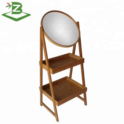 China Bathroom Storage Shelf Tropical Bamboo Rack With Round Mirror_FSC And BSCI Factory for sale