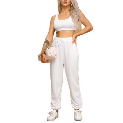 China Custom Logo Breathable Sweat Outfits Crop Tank Top Drawstring Waist Sweatpants Ladies 2 Pcs Crop Top Sweatsuit for sale