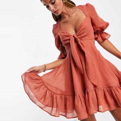 China 2020 Fashion Summer Sweetheart Neckline Puff Sleeves Elegant Dress Breathable Custom Women Tie Front Sexy Mini Dress for sale