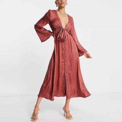 China 2022 Breathable Front Casual Midi Dress Women Summer Satin Sleeve Party Dress Club Dress Plunge Neck Long Sexy Tie for sale