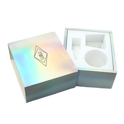 China Dazzle Recyclable Custom Silver Gift Box Card Laser Cosmetic Box With Pearl Cotton Lining Printing Logo for sale