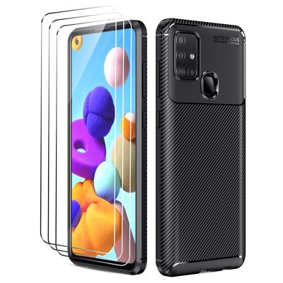 China Business 3 Pack Screen Protector With Carbon Fiber Texture Phone Case For Samsung Galaxy A21S for sale