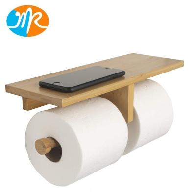 China Double Wall Hanging Minimalist Natural Bamboo Double Toilet Paper Holder With Convenience Shelf Tray For Toilet Paper for sale