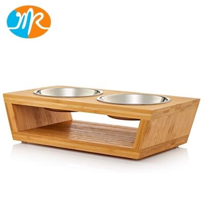 China Sustainable Bamboo Raised Dog And Cat Pet Feeder Double Bowl Raised Stand Perfect For Small Dogs And Cats for sale