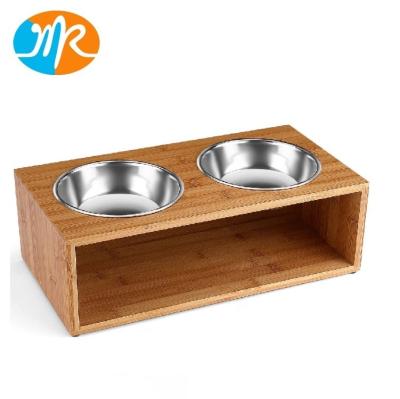 China Sustainable Bamboo Raised Dog and Cat Pet Feeder Bowls Stand Feeding Station Tray for sale