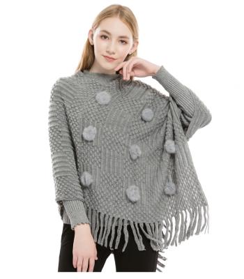 China Acrylic Women's Soft Knit Poncho Sweater, Elegant Fringe Cape Shawl in Multi-way Neck Style with Pompom for sale