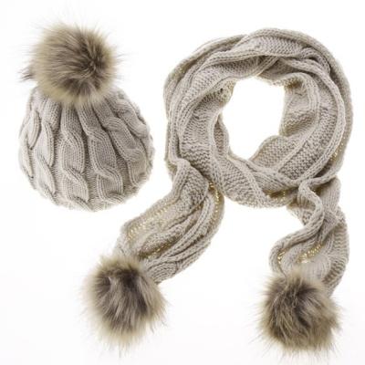 China Medium Winter Knitted Hat and Scarf Set with Plush Pom Poms for sale