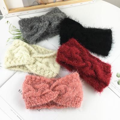 China Breathable Girls Fur Woolen Hair Flower Cross Hair Knitting Ear Band for sale