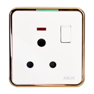 China ABUK 15A UK residential/general purpose wall switched socket push button 250V 3*3 inches plastic panel electrical outlet metal home with neon for sale