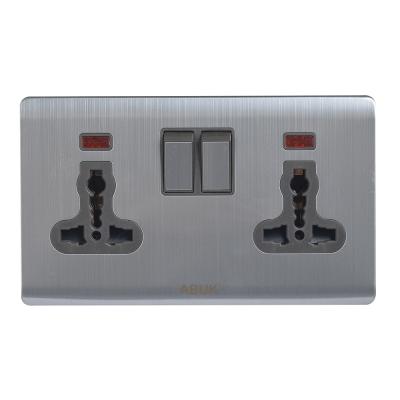 China ABUK Residential/Multipurpose Universal Double Wall Switched Socket Push Button 13A 250V Home Electrical Outlet Metal With Neon for sale