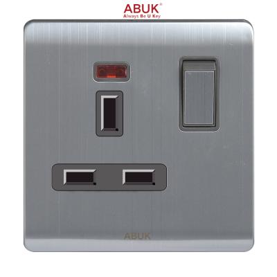 China ABUK 13A UK Residential 3*3 Wall Switched Socket / General Purpose Inches 250V Push Button Electrical Socket With Neon Home Metal for sale