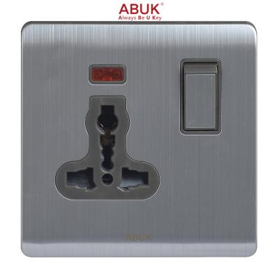 China ABUK 13A Residential/Multipurpose Universal Wall Switched Socket Push Button 3*3 Inches Electric Socket Metal Home 250V With Neon for sale