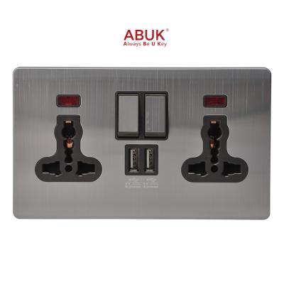 China ABUK 13A Residential / General Purpose Wall Switched Socket Dual USB Universal Push Button 3*6 Inches Home Electrical Socket 250V Metal With Neon for sale