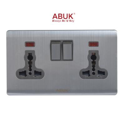 China ABUK Residential / Multipurpose Universal Double Wall Switched Socket Push Button 13A 250V 3*6 Inches Home Electrical Outlet Metal With Neon for sale