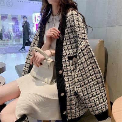 China Women's Breathable Sweater Oversized Knitted Cardigans Loose Long Plaid Pullovers Clothing Korean Long Dress Coat for sale