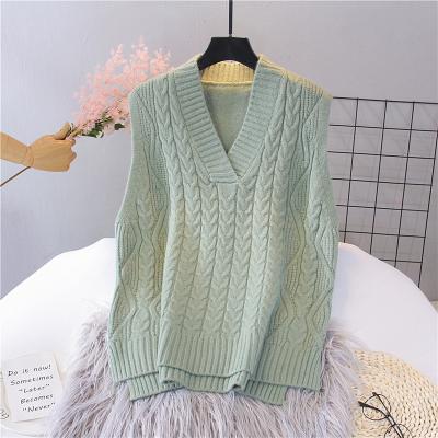 China Anti-wrinkle Women's V-Neckline Knitted Pullover Solid Color Loose Striped Twist Sleeveless Sweater Vest Tops for sale