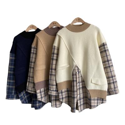 China Other 2021 Wholesale Spring Stitching Plaid and Autumn Stitching Casual Loose Women's Sweater for sale