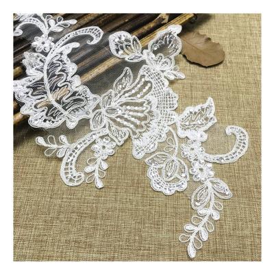 China Wholesale Customized Embroidered Bridal Embroidered Polyester Sequin Lace Applique For Wedding Dress for sale