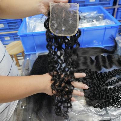 China Unprocessed Swiss Lace Closure 100% Water Wave Hair Top 4X4 Brazilian Lace Closure Grade 9A Swiss Lace Closure for sale