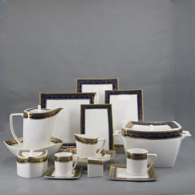 China Newest Sustainable Bone China Square 125pcs Embossed Gold Dinner Set for sale