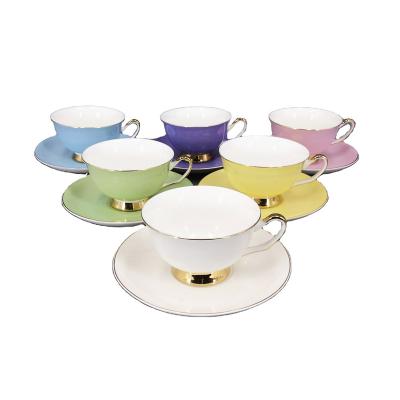 China 2021 Viable hotsale ceramic bone china colorful pink purple green blue yellow tea cup and saucer sieve set for sale