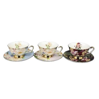 China Gold Handle Flower Design Bone China Coffee Set Sustainable Ceramic Tea Cup&saucer for sale