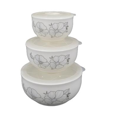 China 3pcs Ceramic Fruit Serving Refrigerator Sustainable Keeping Fresh Set Seal Bowl With Plastic Cover for sale