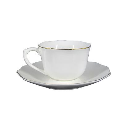 China Unique Viable Gold Rim New Shape 220cc Bone China Coffee Tea Cup And Saucer for sale