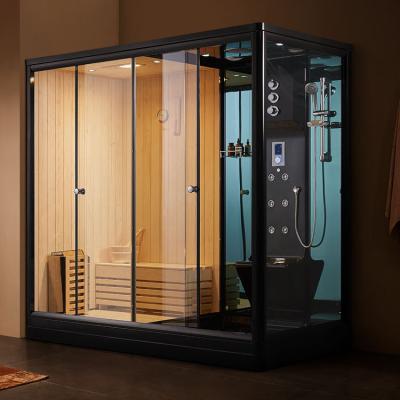 China Computer Control Panel Black Steam Bath With Wooden Sauna Combo Shower Room for sale