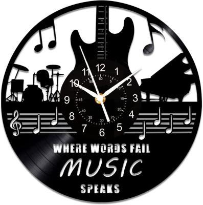 China Antique Style Guitar Wall Decor With Remote Control, Music Wall Clock 12 Inch Vintage Art Room DecorGuitar Aesthetic Vinyl Record Wall Clock for sale