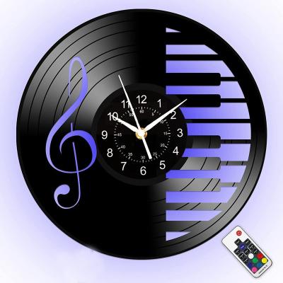 China Antique style gift for music lovers 12 inch black rock disc wall clock plastic wall clock light music decorations for sale