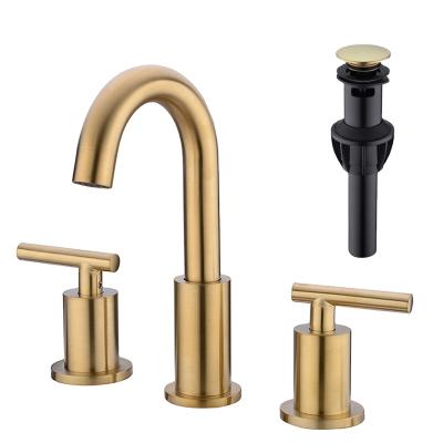 China Modern Brass Metered Faucets 3 Holes Deck Mounted Double Handle Hot&Cold Water Mixing Bathroom Sink Faucet for sale