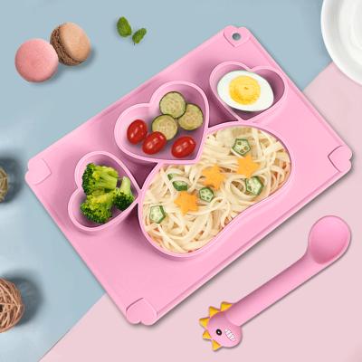 China Cartoon 3 Pcs BPA Free Wholesale Baby Silicone Baby Feeding Dish And Spoon Set Waterproof Soft Fork for sale