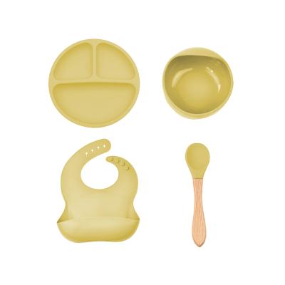 China BPA Free Silicone Wholesale Baby Feeding Set Bibs Waterproof and Suction Baby Bowl Set for sale