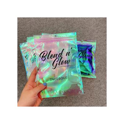 China Recyclable Custom Transparent Holographic Logo Mylar Bags Ziplock Packaging Bags Pink Laser Bag for sale