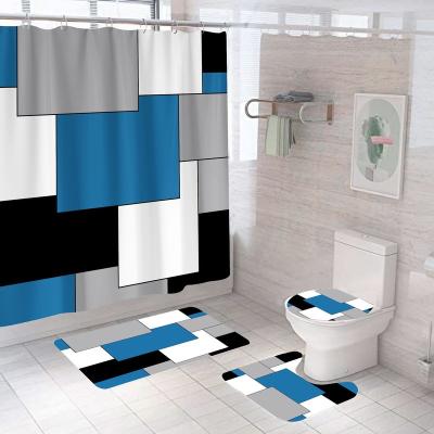 China Washable Digital Printing Shower Curtain Home Decor Geometric Blue Bathroom Curtain Set Waterproof Shower Curtain for sale