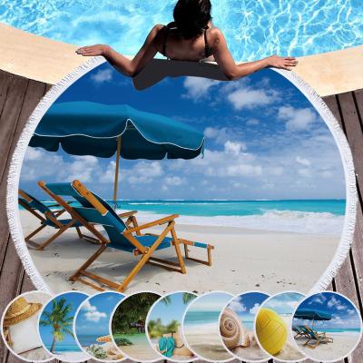 China Anti-static Round Seaside Scenery Pattern Microfiber Plus Tassel Printing Beach Towel Can Be Customized for sale