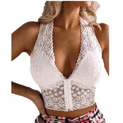 China Hot Selling Underwear Spandex/Polyester Lace Cavity Tight Crop Halter Top Slim Sexy Lingerie Women's Backless Bra for sale