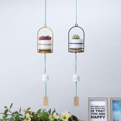 China Europe Round Creative Bamboo Flowerpot Wind Chime Tray Wishing Card Combination Ceramic Flower Pot Iron Succulent Frame Pot Hanging Set for sale