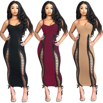 China Anti-wrinkle Hollow Out Bodycon Dress 2020 Women Clothing Europe And America Tie Up Sleeveless Club Dresses for sale