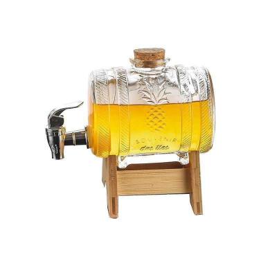 China Wholesale Freshness Keeping Whiskey Decanter Glass 1000ml Decanter Glass Wine Beer Barrel With Cork Tap And Wooden Base for sale