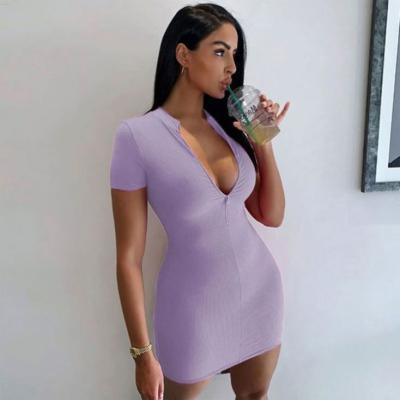 China 2021 Summer Solid Color Women Bodycon Breathable One-Piece Dress Spring V-Neckline Casual Bright Short Sleeve One-Piece Dresses for sale