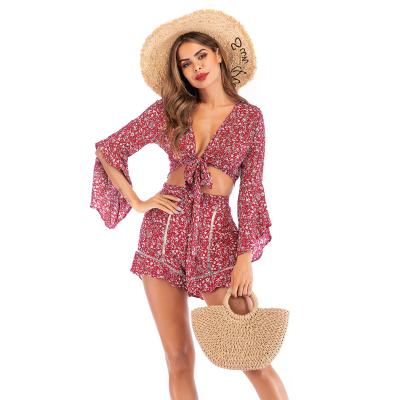 China 2021 Summer Long Sleeve Chiffon Shirt Beach Floral Amazon Breathable Chiffon Casual Suit Shorts Women 2 Pcs Set for sale